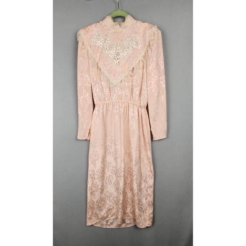 Vintage Pink Lace Jacquard‎ Dress Womens 11/12 High Neck Pearl Trim Made USA 80s